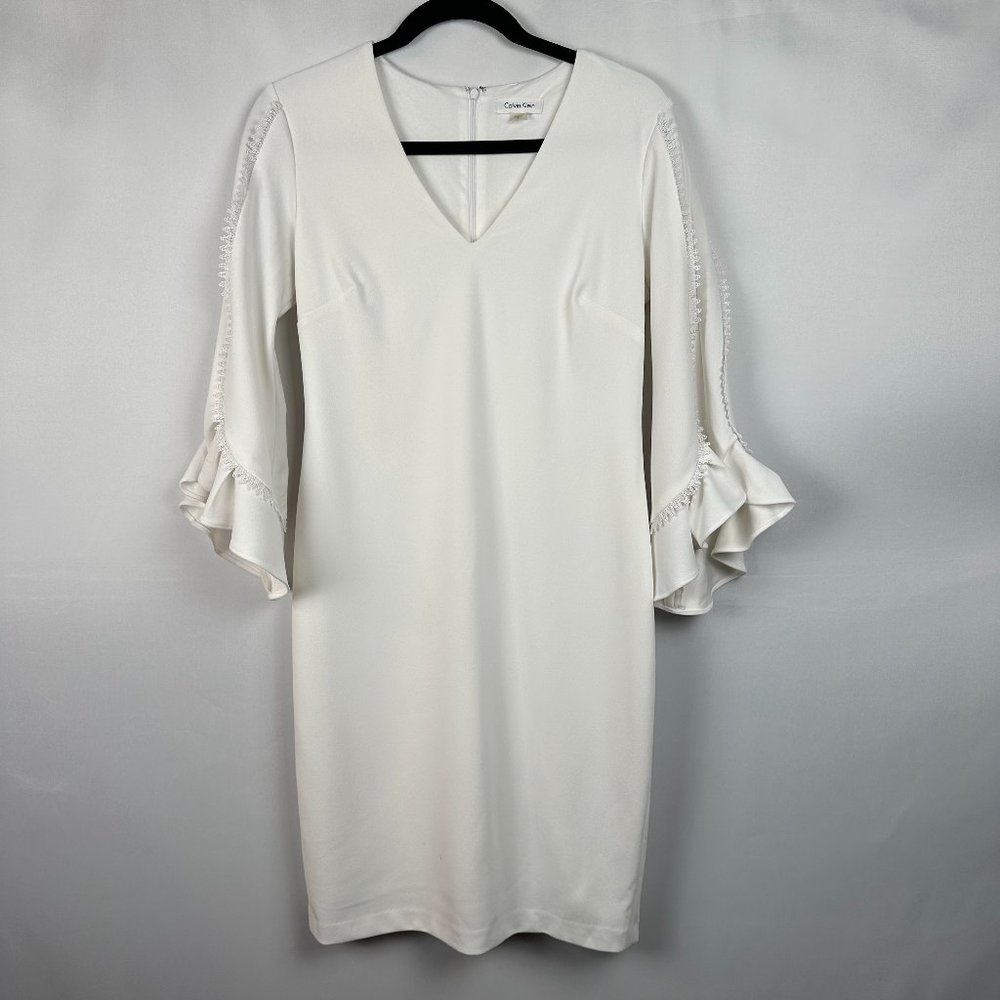 Calvin Klein White V-Neck Bell Sleeve Dress, Size 6